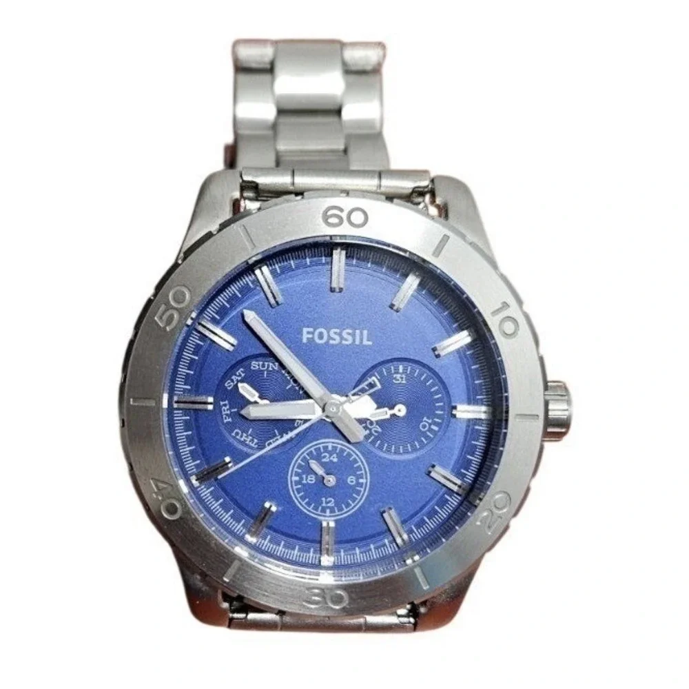 Fossil BQ1056 Mens Blue Dial Stainless Steel Multifunction Watch Tin New Battery